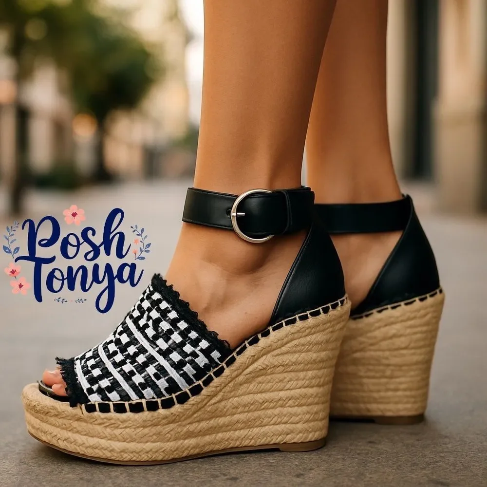 Marc Fisher Andrew Espadrille Wedge Sandals Black White Woven Platform Sz 6 Euro
